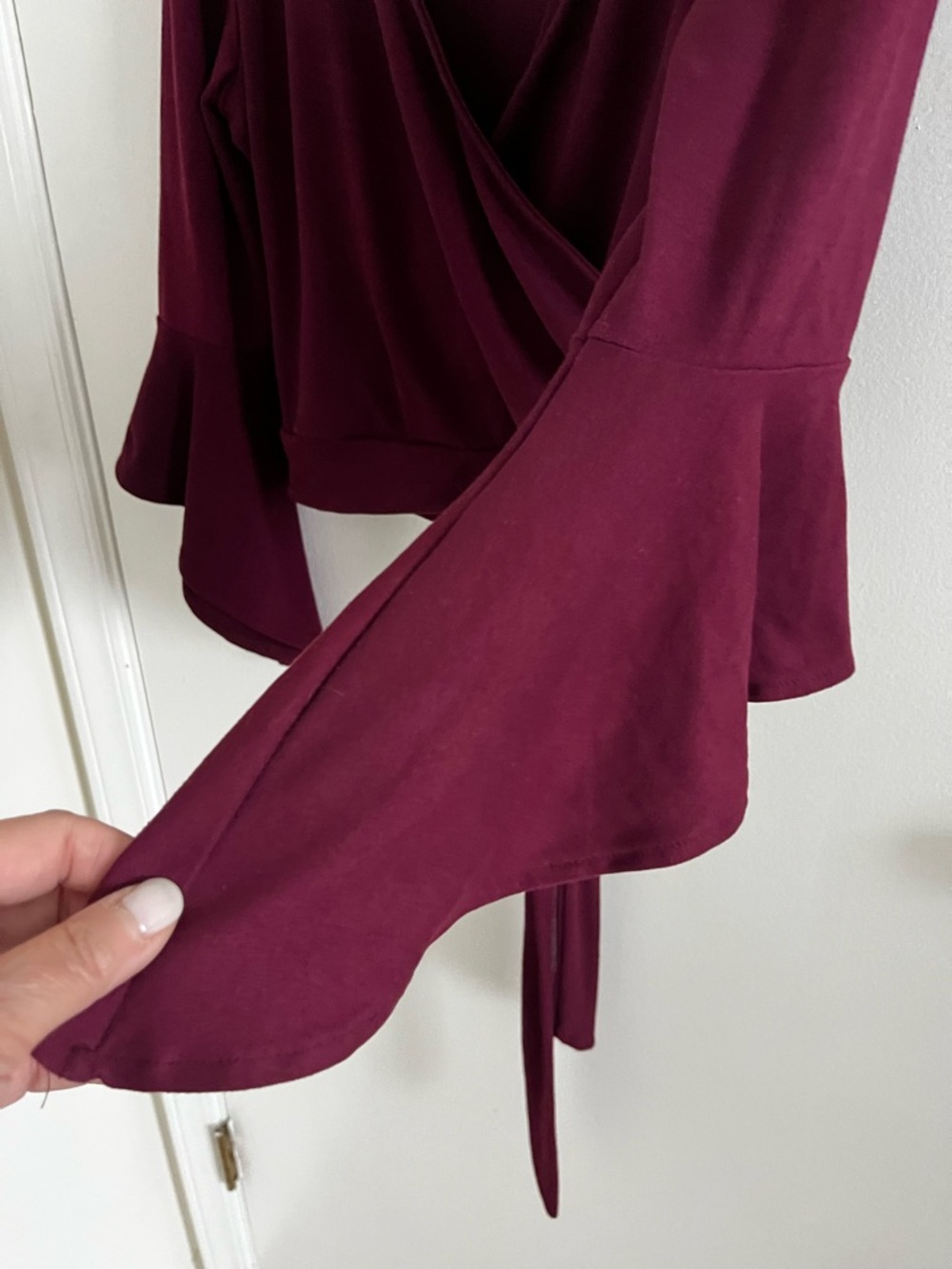 Haute Monde Wine Wrap Tie Bell Sleeve Top - Picture 5 of 7